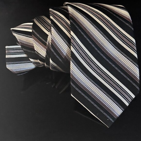 PERRY ELLIS Tie Gray White Brown Black Neckwear Silk Striped Stripes Business - Picture 1 of 5